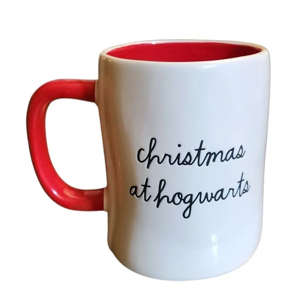 Rae Dunn Harry Potter Coffee Mug Christmas At Hogwarts White Red Embossed Crest